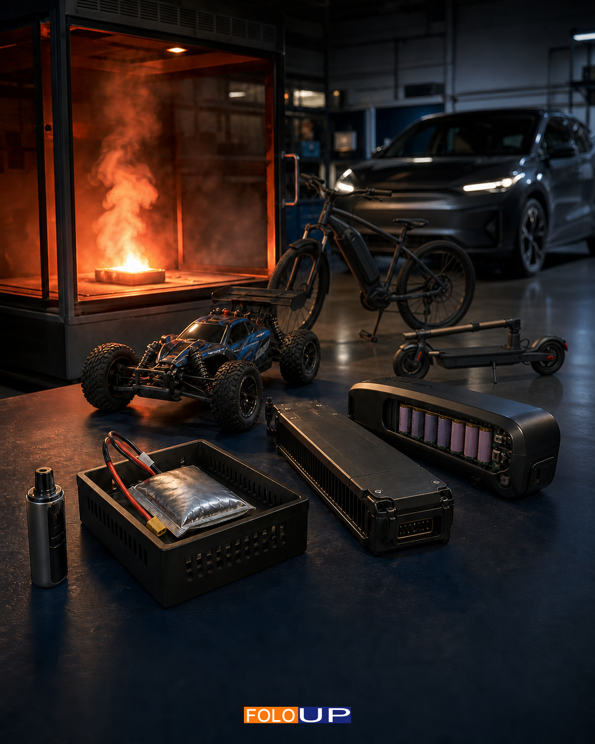 FOLO-UP illustration showing battery-fire risks across a vape, RC LiPo pack, e-bike, e-scooter and electric car in a controlled safety laboratory.