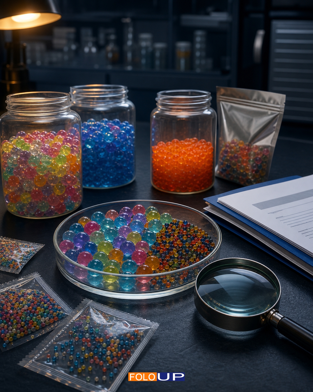 Jars, packets and dishes of colourful water beads arranged on an investigation desk with a magnifying glass.